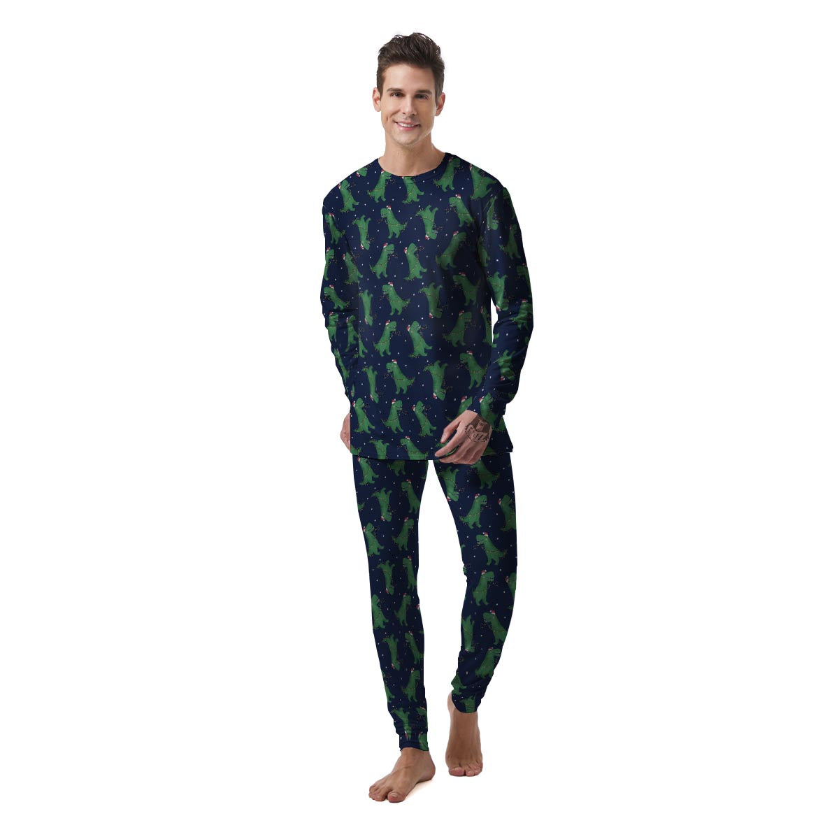 Dino T-Rex Christmas Santa Claus Print Pattern Men's Pajamas-grizzshop
