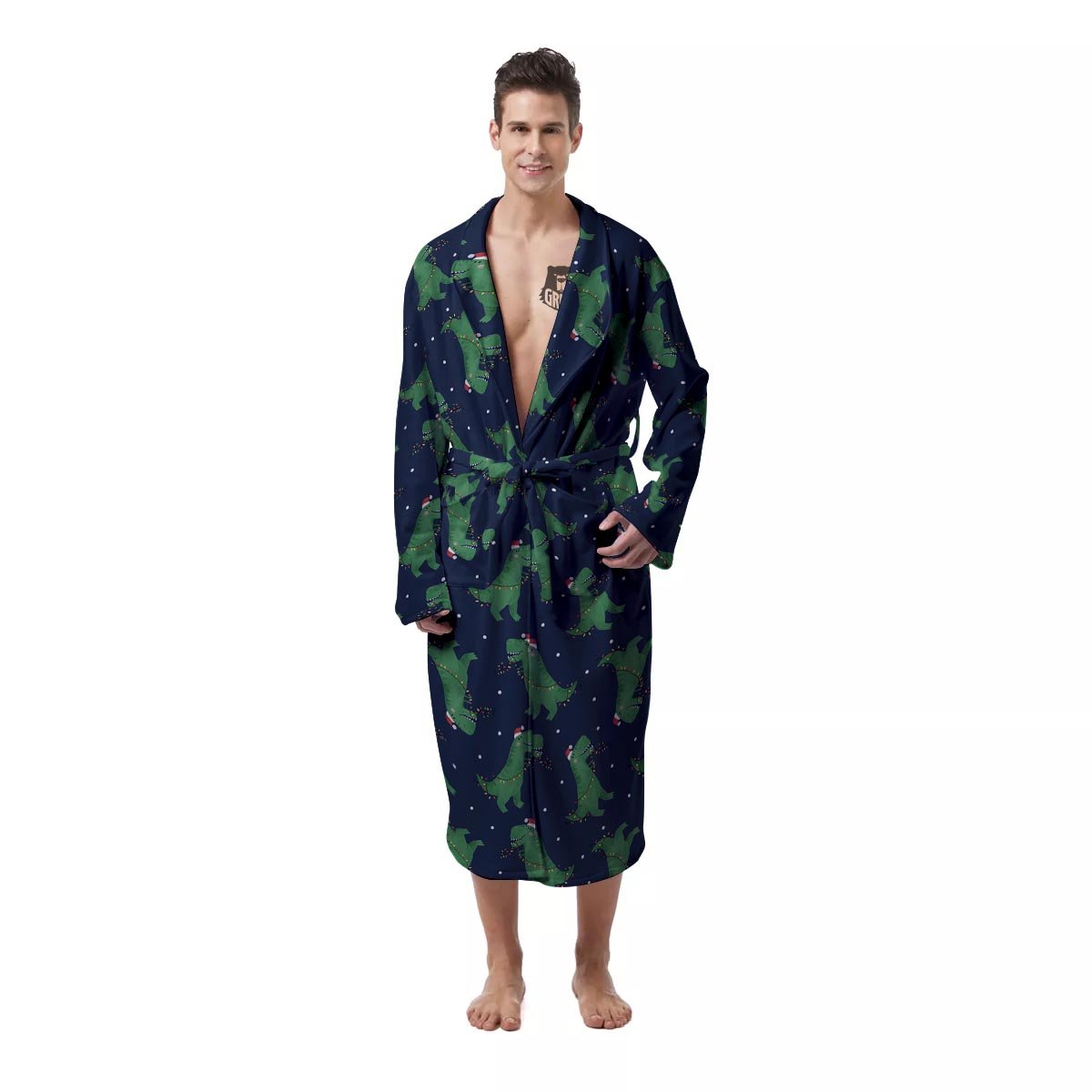 Dino T-Rex Christmas Santa Claus Print Pattern Men's Robe-grizzshop