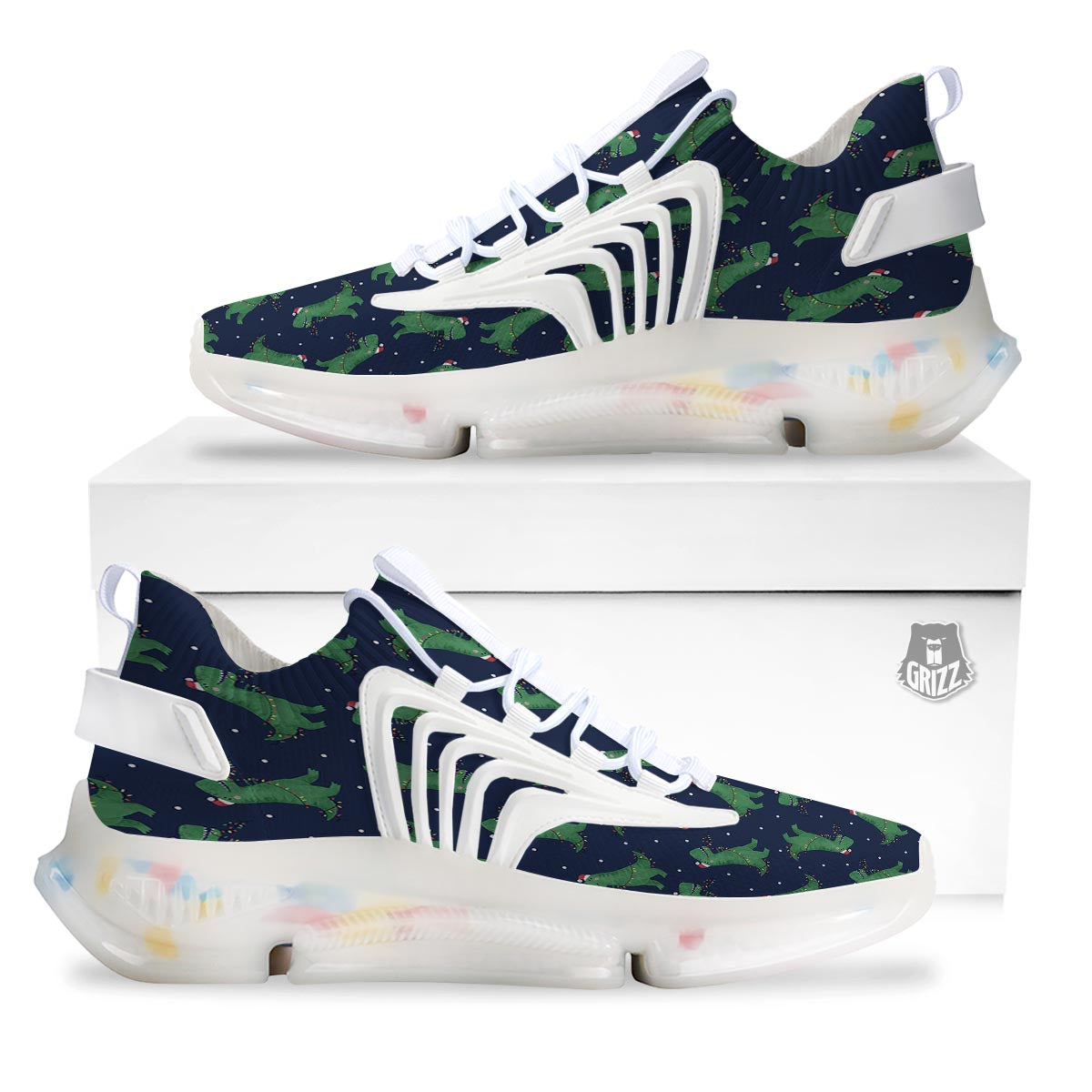 Dino T-Rex Christmas Santa Claus Print Pattern White Gym Shoes-grizzshop