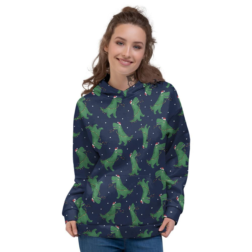 Dino T-Rex Christmas Santa Claus Print Pattern Women's Hoodie-grizzshop