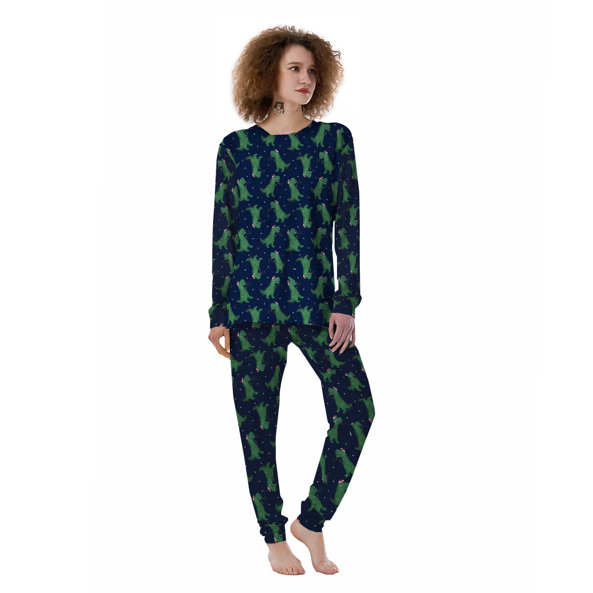 Dino T-Rex Christmas Santa Claus Print Pattern Women's Pajamas-grizzshop