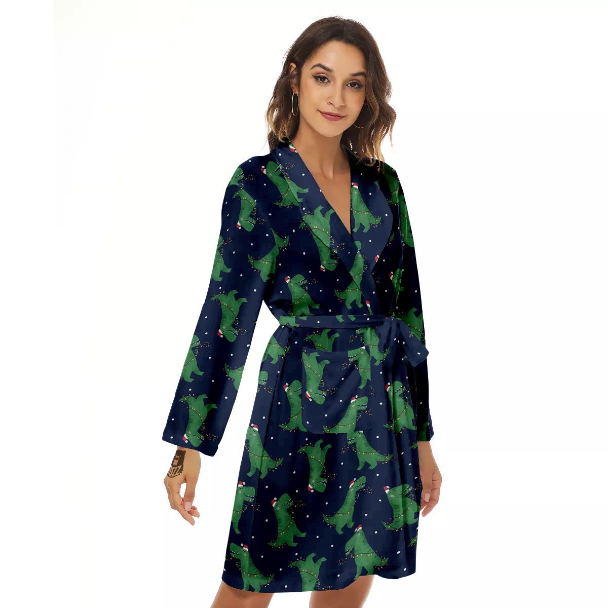 Dino T-Rex Christmas Santa Claus Print Pattern Women's Robe-grizzshop