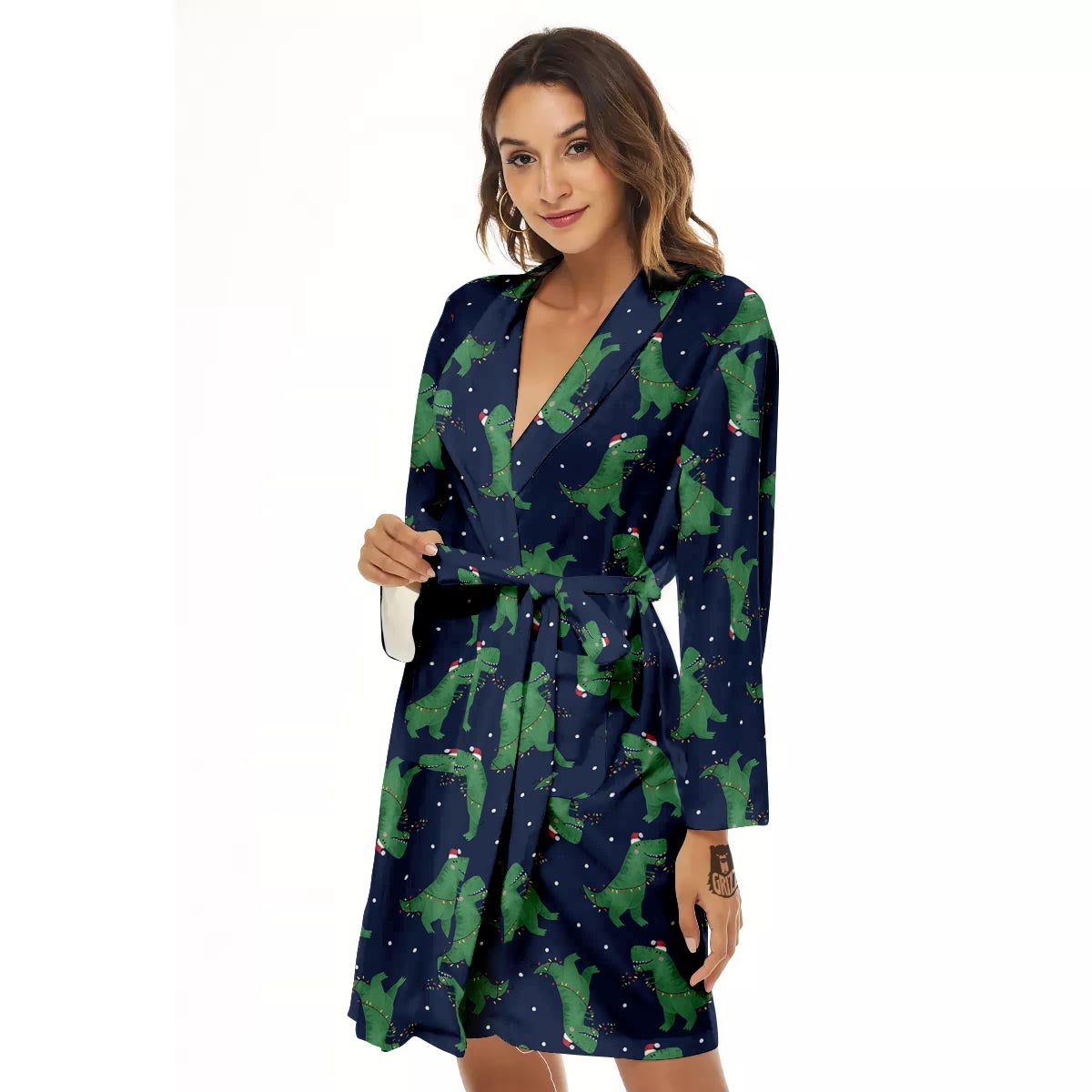 Dino T-Rex Christmas Santa Claus Print Pattern Women's Robe-grizzshop