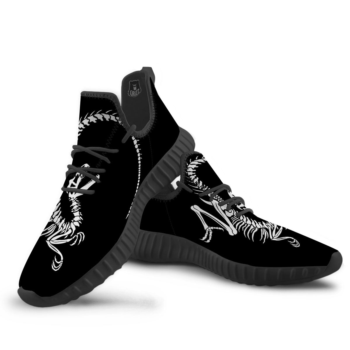 Dinosaur Fossil White And Black Print Black Walking Shoes-grizzshop