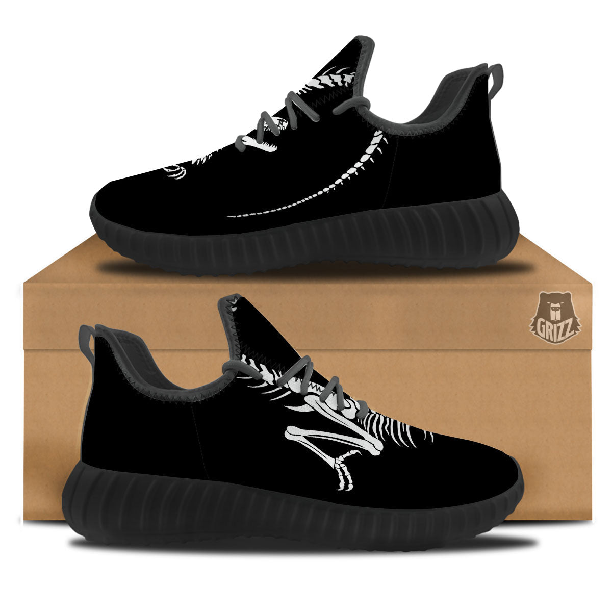 Dinosaur Fossil White And Black Print Black Walking Shoes-grizzshop