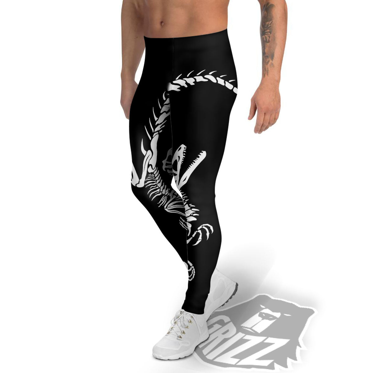Dinosaur Fossil White And Black Print Men's Leggings-grizzshop