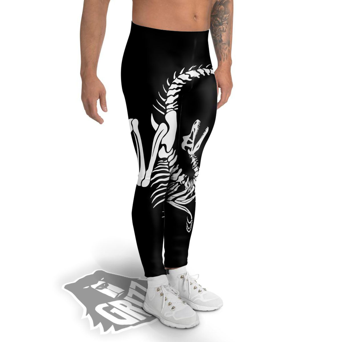 Dinosaur Fossil White And Black Print Men's Leggings-grizzshop