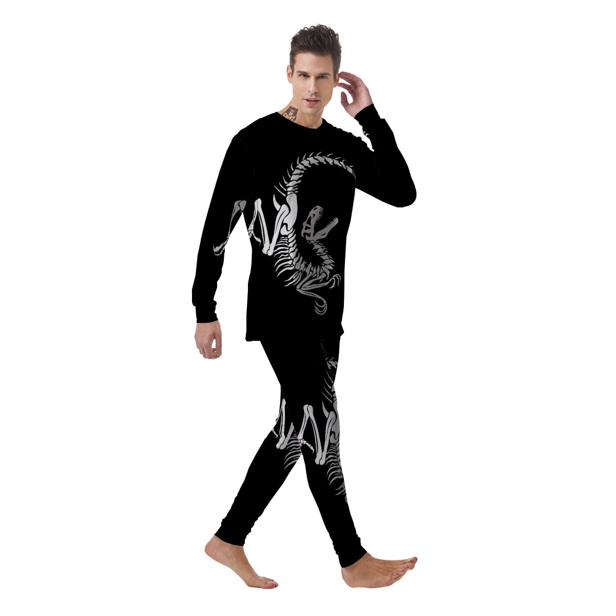 Dinosaur Fossil White And Black Print Men's Pajamas-grizzshop