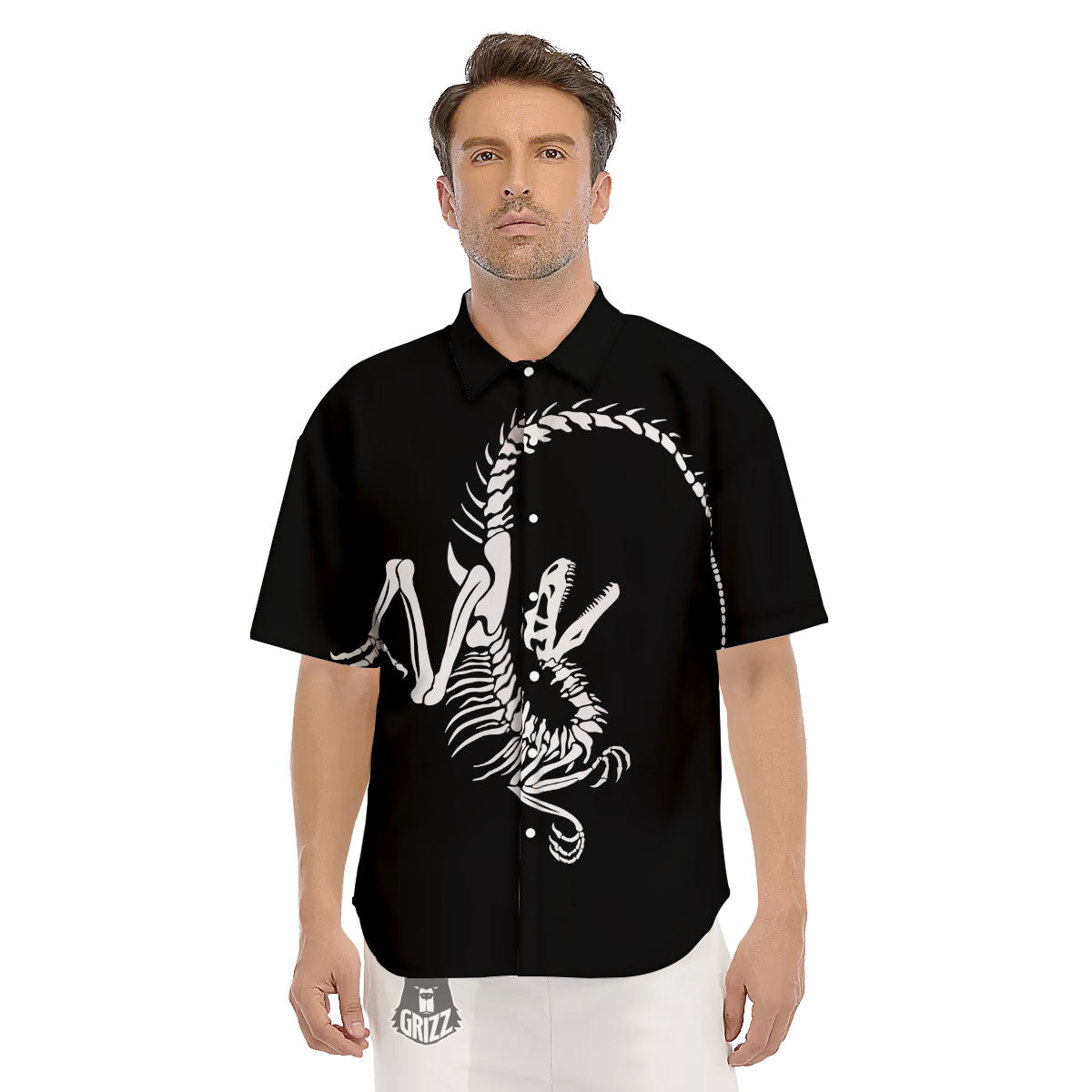 Dinosaur Fossil White And Black Print Men's Short Sleeve Shirts-grizzshop