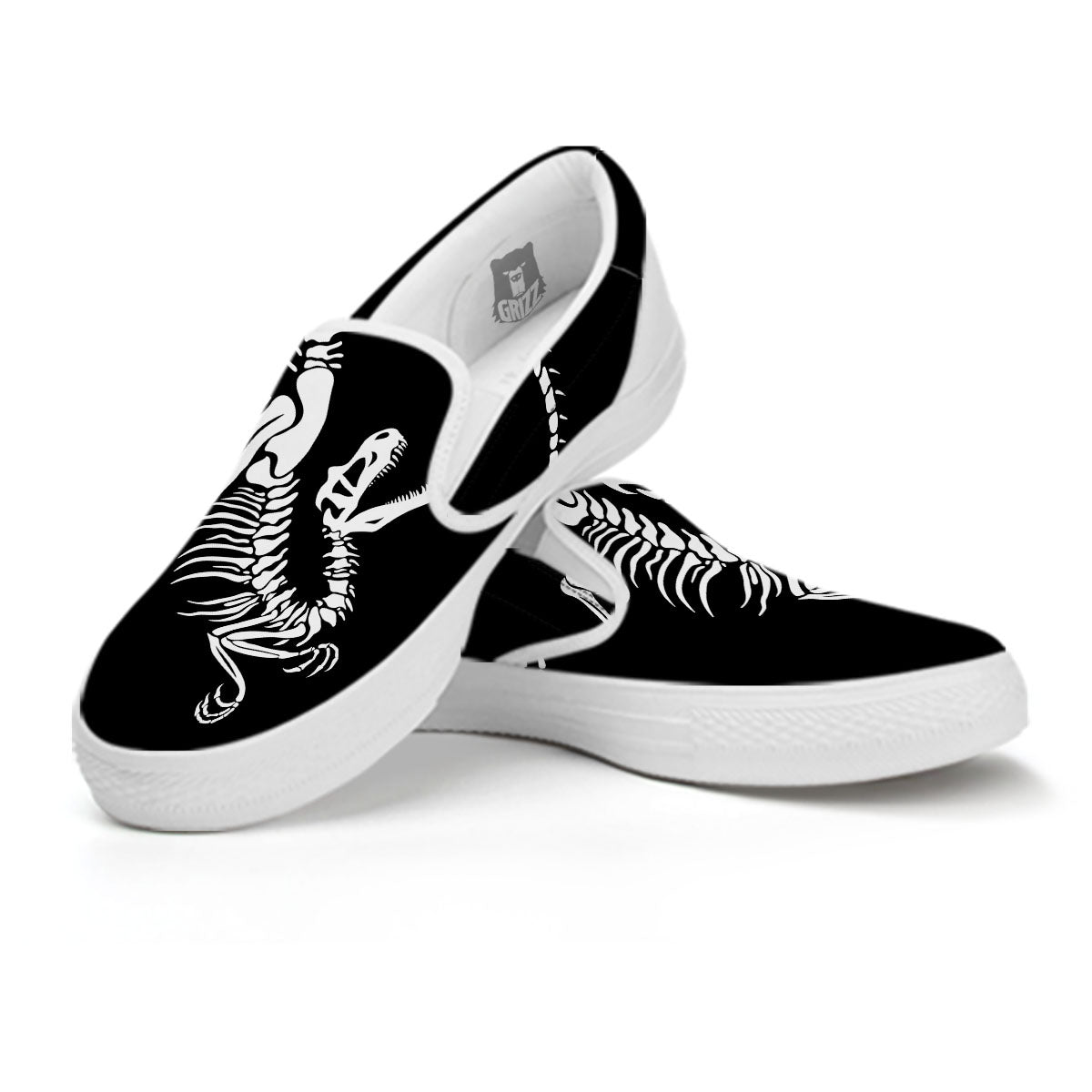 Dinosaur Fossil White And Black Print White Slip On Shoes-grizzshop