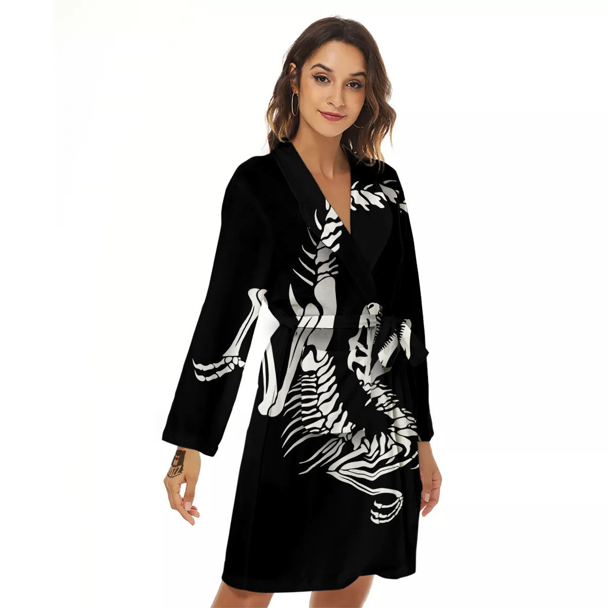 Dinosaur Fossil White And Black Print Women's Robe-grizzshop