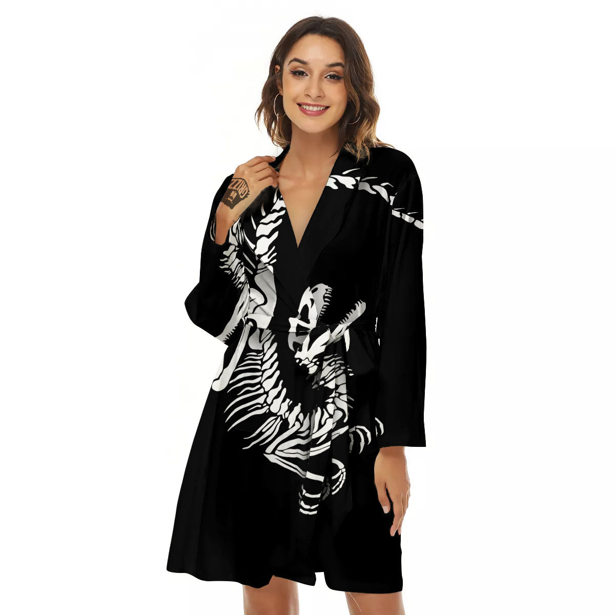 Dinosaur Fossil White And Black Print Women's Robe-grizzshop