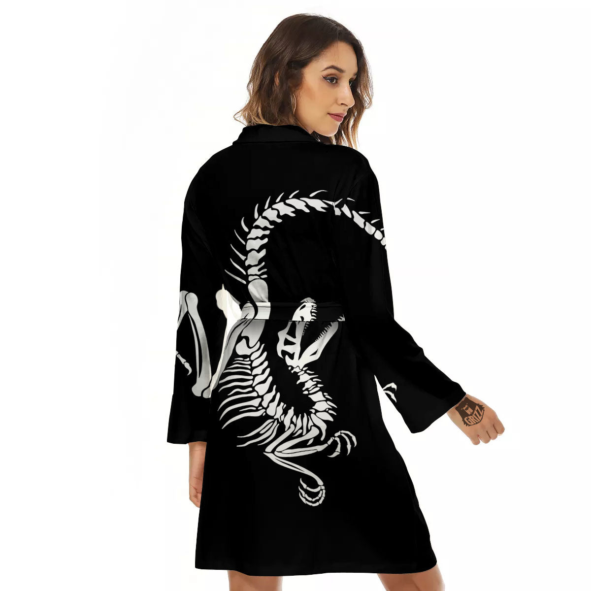 Dinosaur Fossil White And Black Print Women's Robe-grizzshop