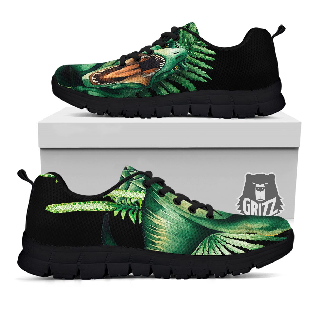 Dinosaur T Rex And Jurassic Plants Print Black Sneaker-grizzshop