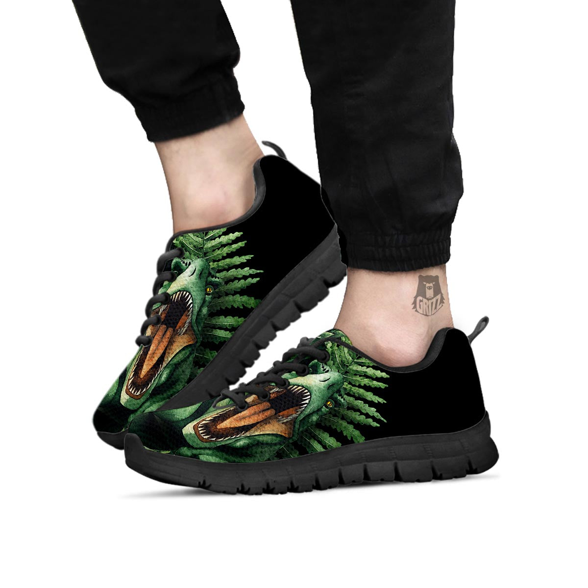 Dinosaur T Rex And Jurassic Plants Print Black Sneaker-grizzshop