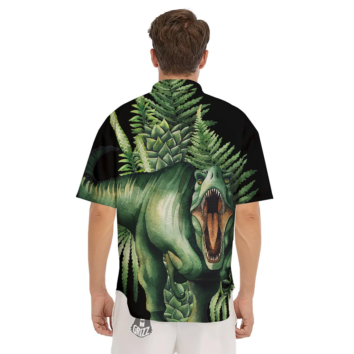 Dinosaur T Rex And Jurassic Plants Print Men's Short Sleeve Shirts-grizzshop