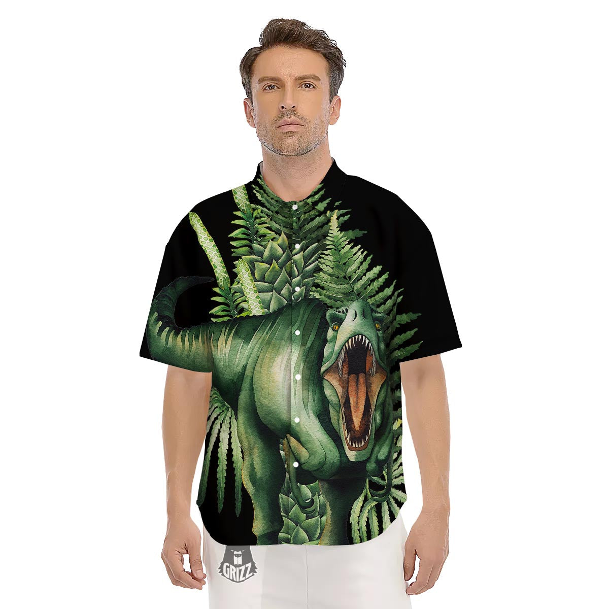 Dinosaur T Rex And Jurassic Plants Print Men's Short Sleeve Shirts-grizzshop