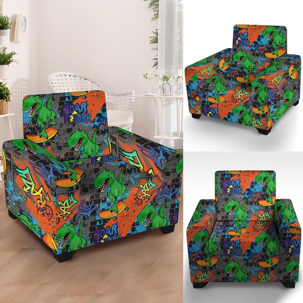 Dinosaur T-rex Graffiti Print Armchair Cover-grizzshop