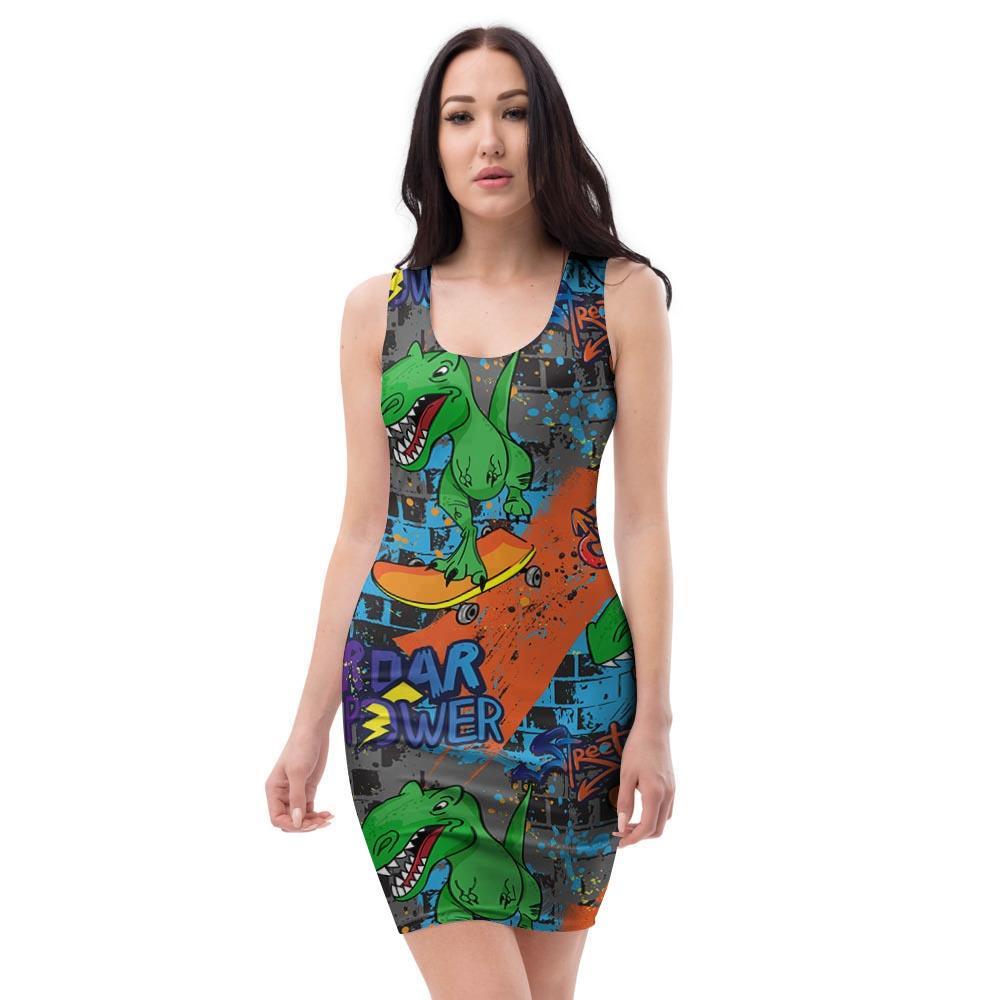 Dinosaur T-rex Graffiti Print Bodycon Dress-grizzshop