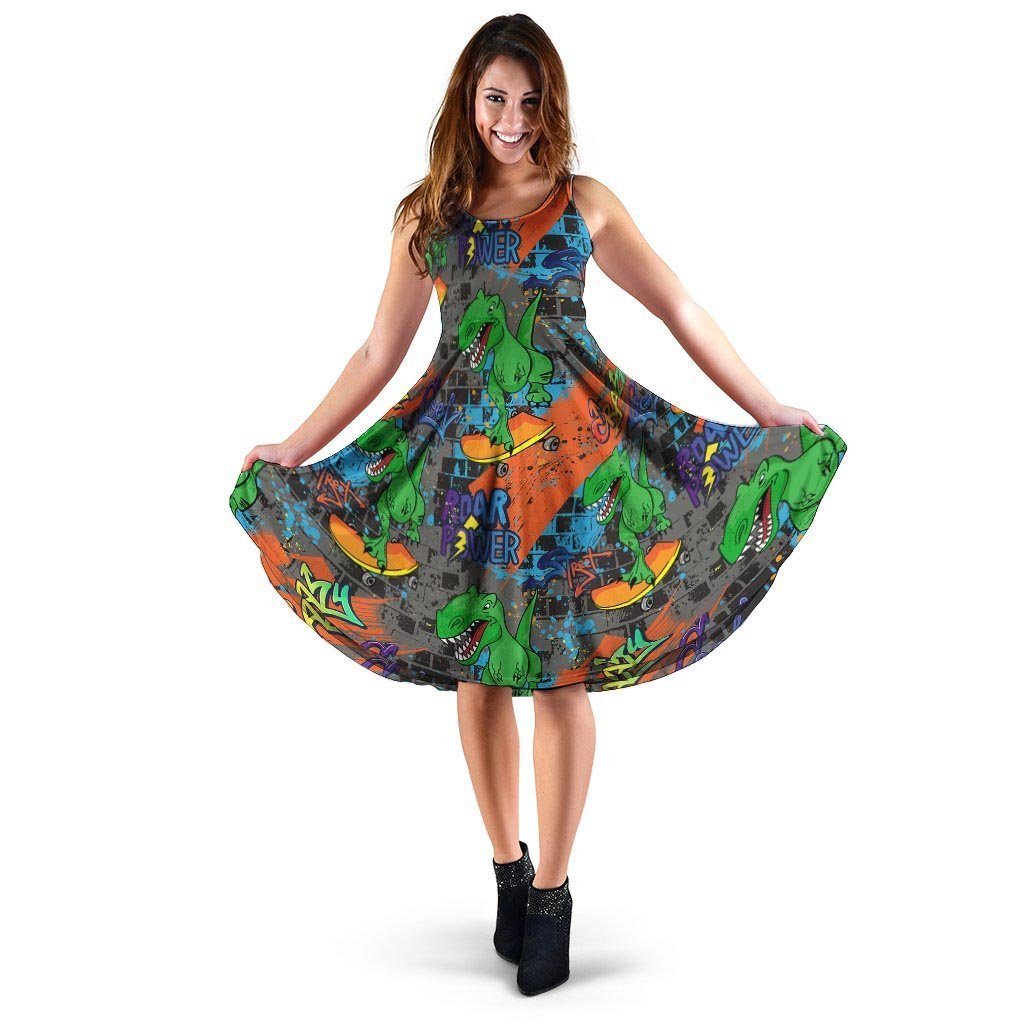 Dinosaur T-rex Graffiti Print Dress-grizzshop