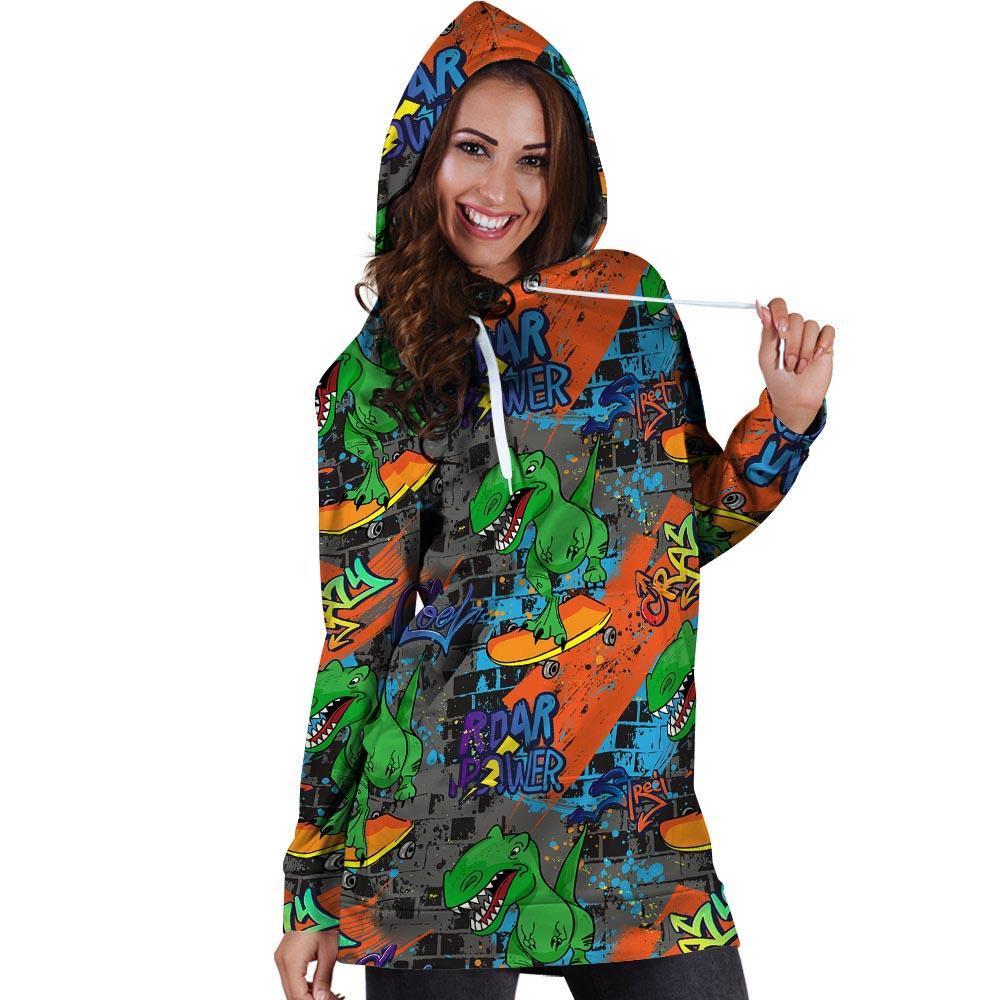 Dinosaur T-rex Graffiti Print Hoodie Dress-grizzshop