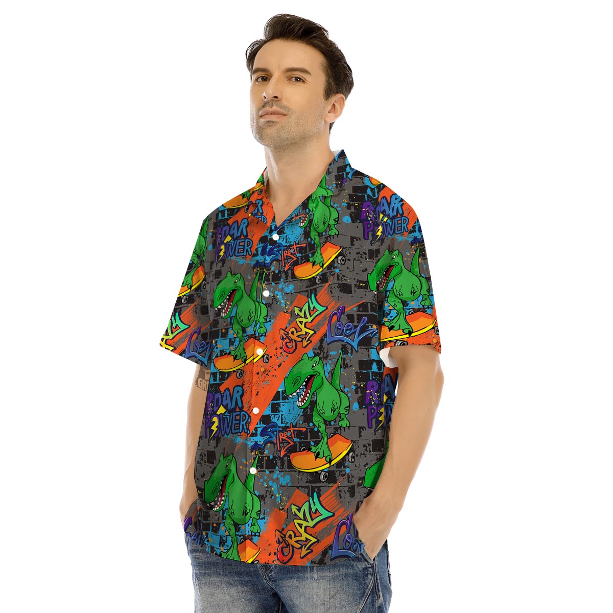 Dinosaur T-rex Graffiti Print Men’s Hawaiian Shirt-grizzshop