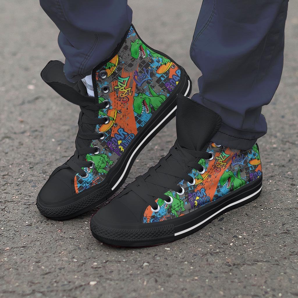 Dinosaur T-rex Graffiti Print Men's High Top Shoes-grizzshop