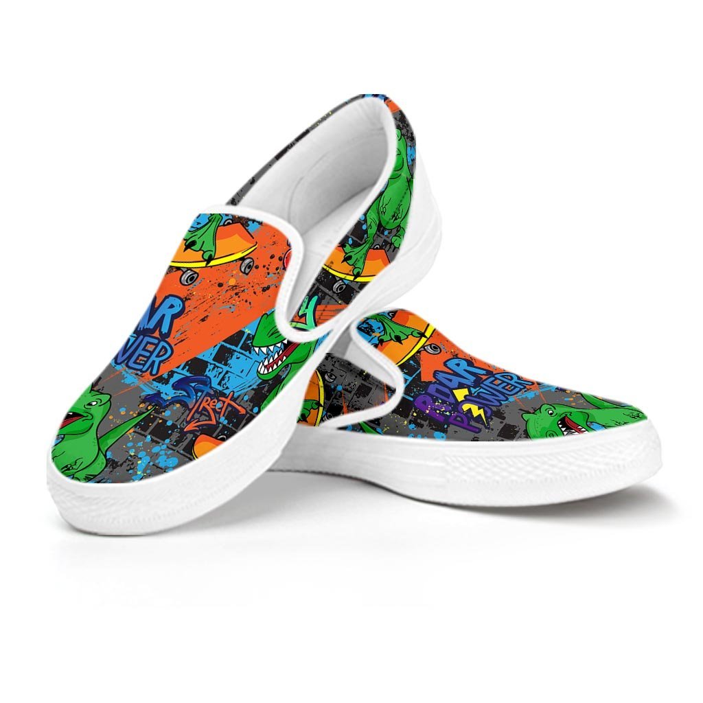 Dinosaur T-rex Graffiti Print Men's Slip On Sneakers-grizzshop