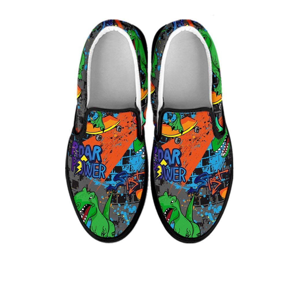 Dinosaur T-rex Graffiti Print Men's Slip On Sneakers-grizzshop