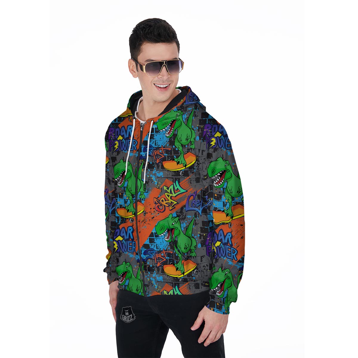 Dinosaur T-rex Graffiti Print Men's Zip Up Hoodie-grizzshop