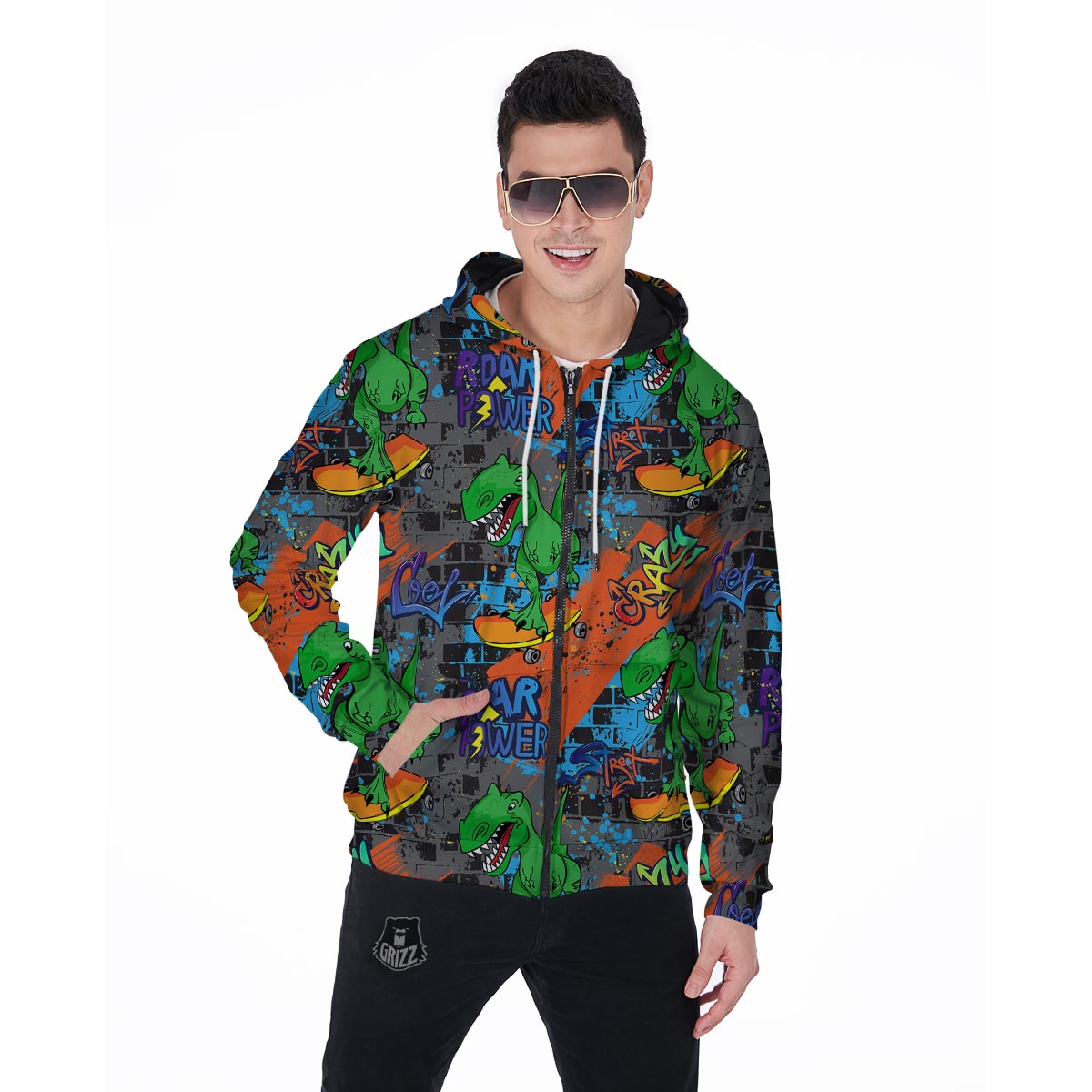 Dinosaur T-rex Graffiti Print Men's Zip Up Hoodie-grizzshop