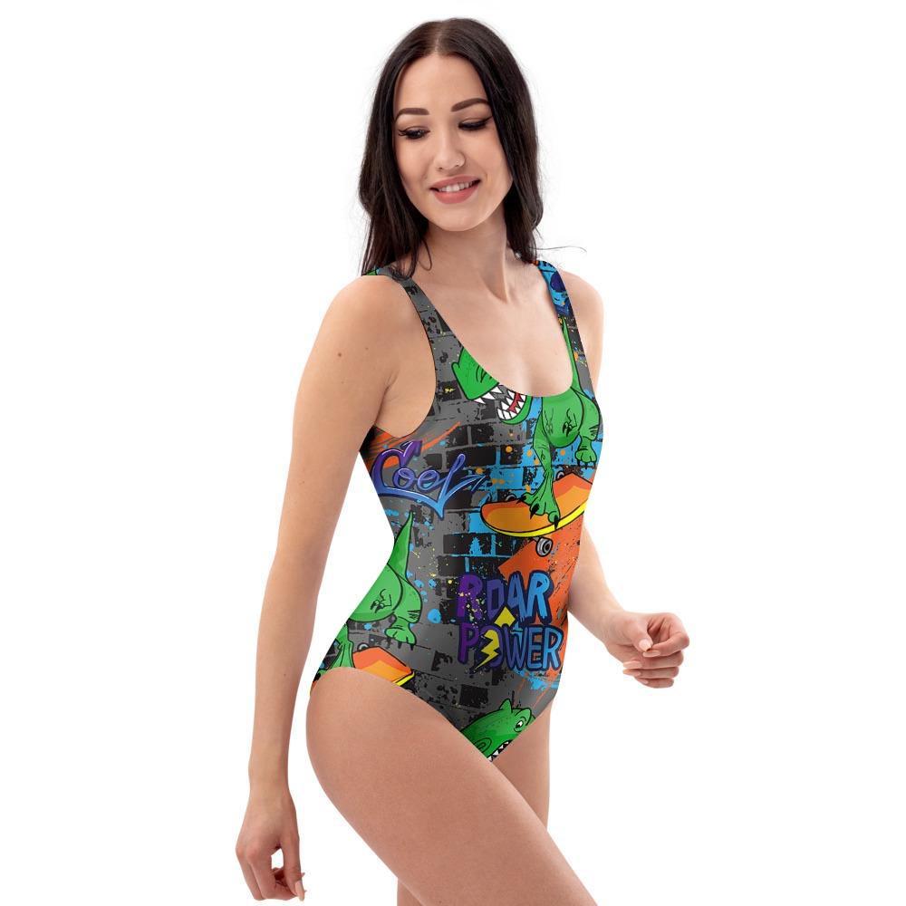 Dinosaur T-rex Graffiti Print One Piece Swimsuite-grizzshop