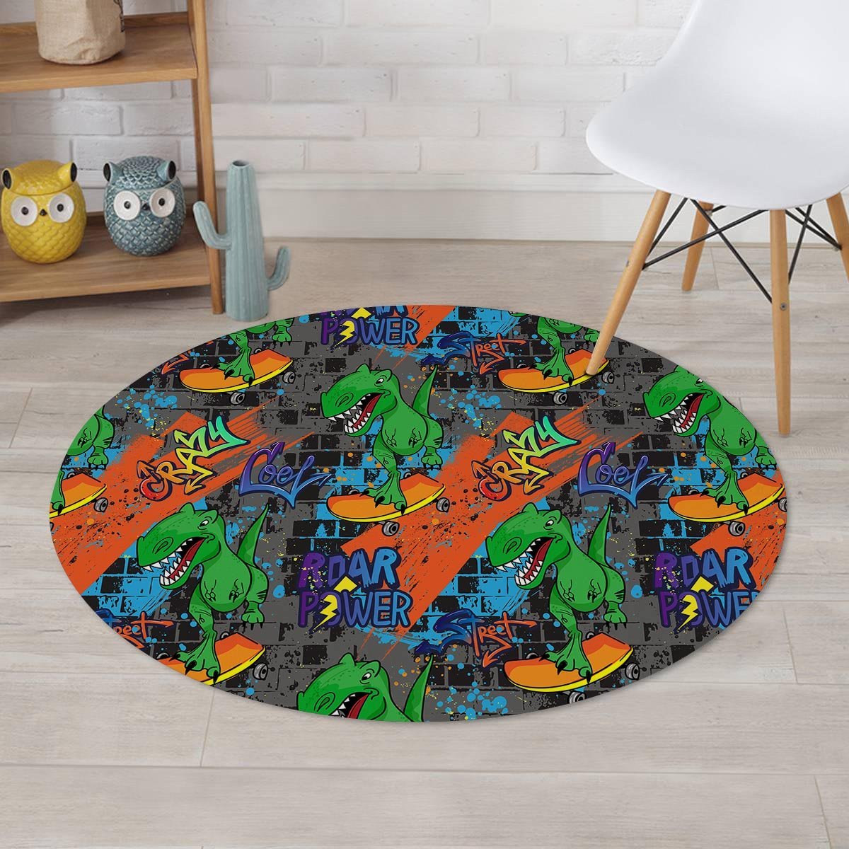 Dinosaur T-rex Graffiti Print Round Rug-grizzshop