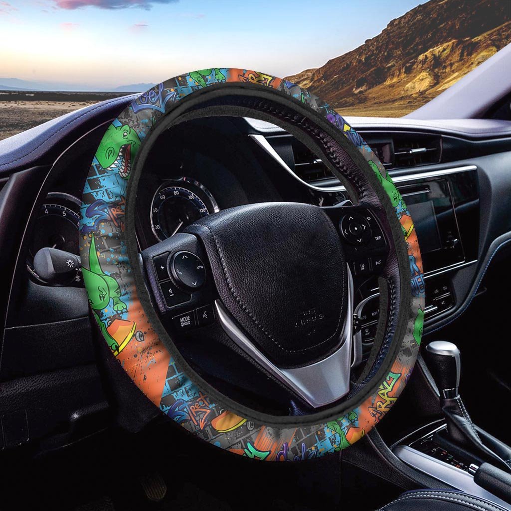 Dinosaur T-rex Graffiti Print Steering Wheel Cover-grizzshop