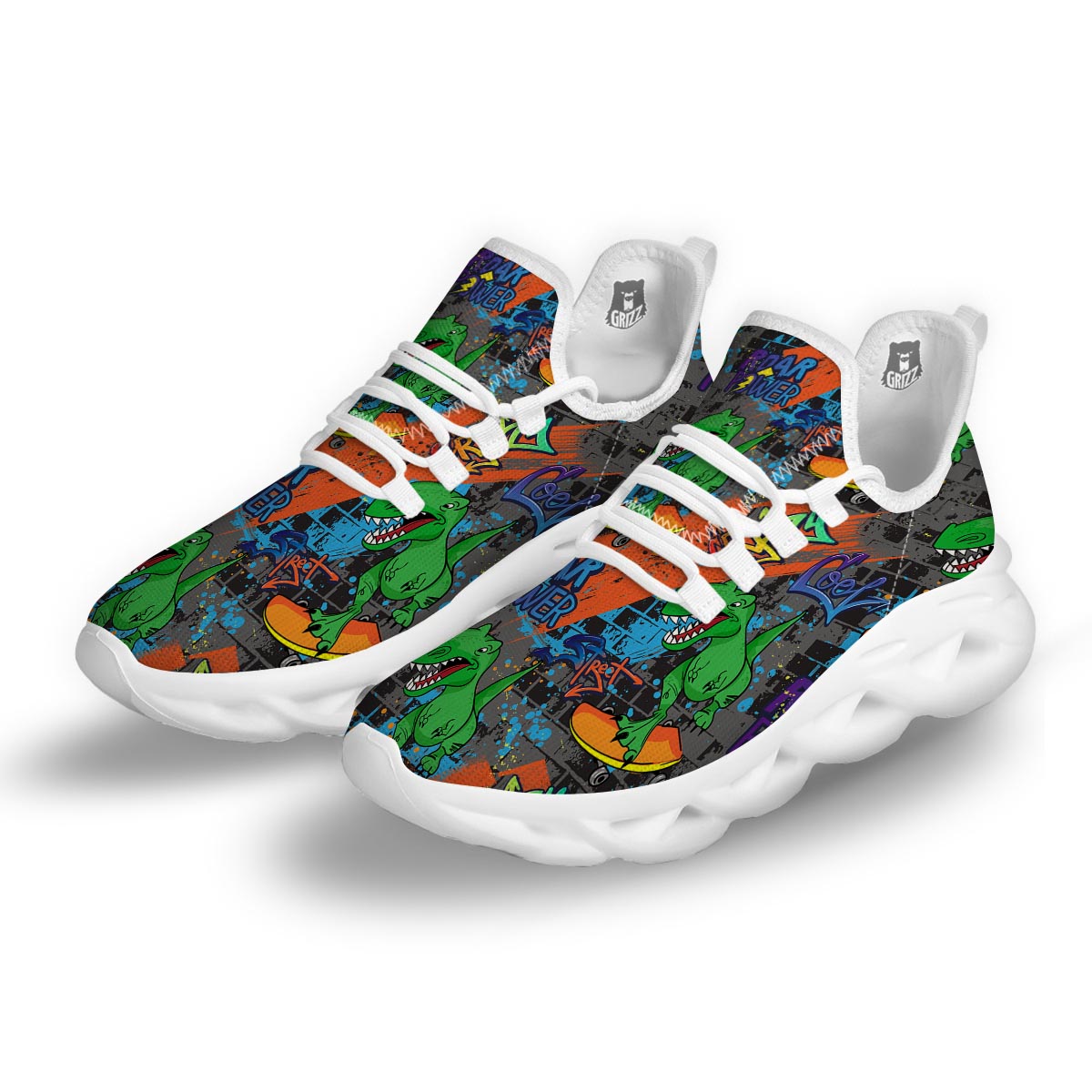Dinosaur T-rex Graffiti Print White Running Shoes-grizzshop