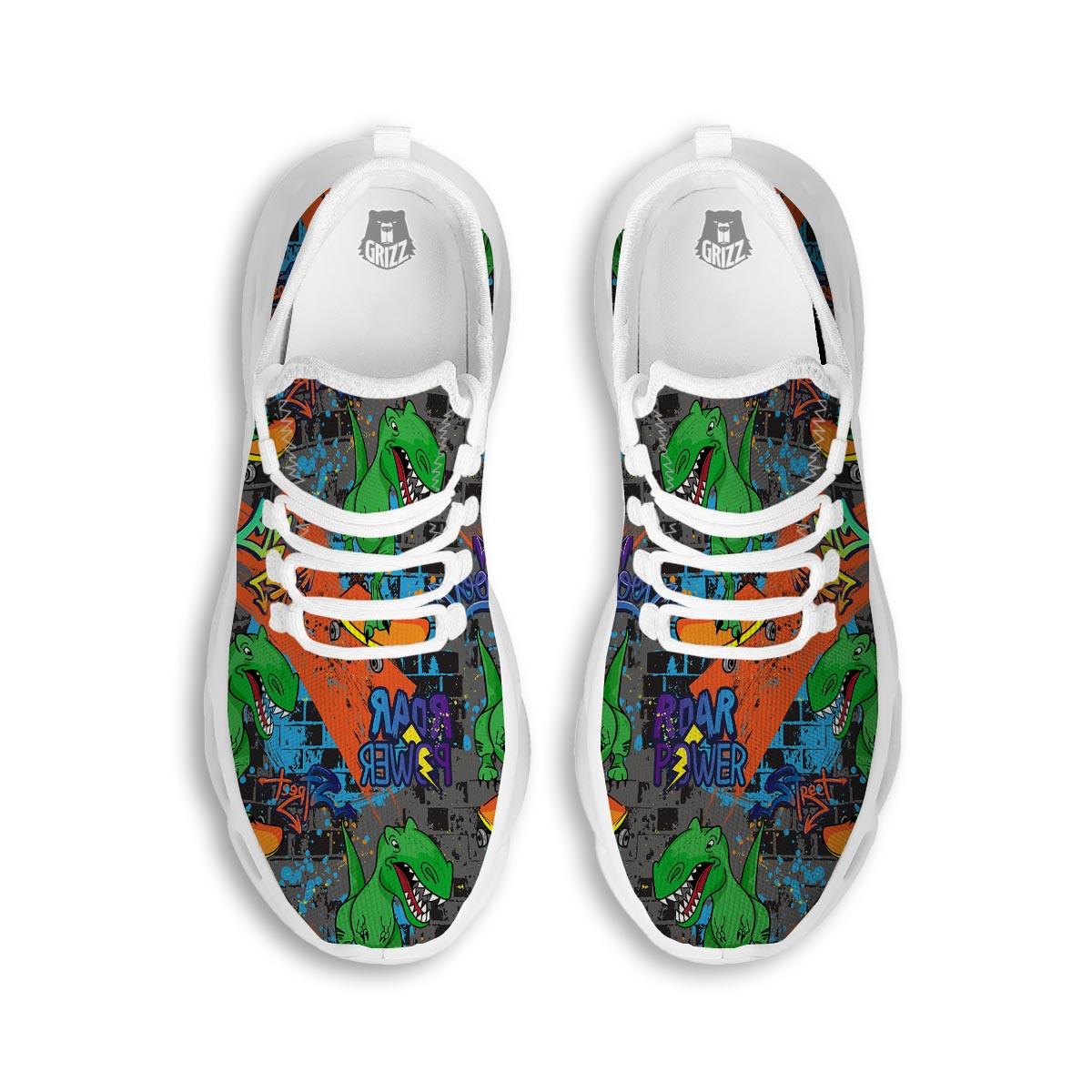 Dinosaur T-rex Graffiti Print White Running Shoes-grizzshop