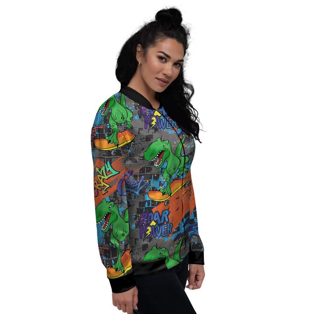 Dinosaur T-rex Graffiti Print Women's Bomber Jacket-grizzshop