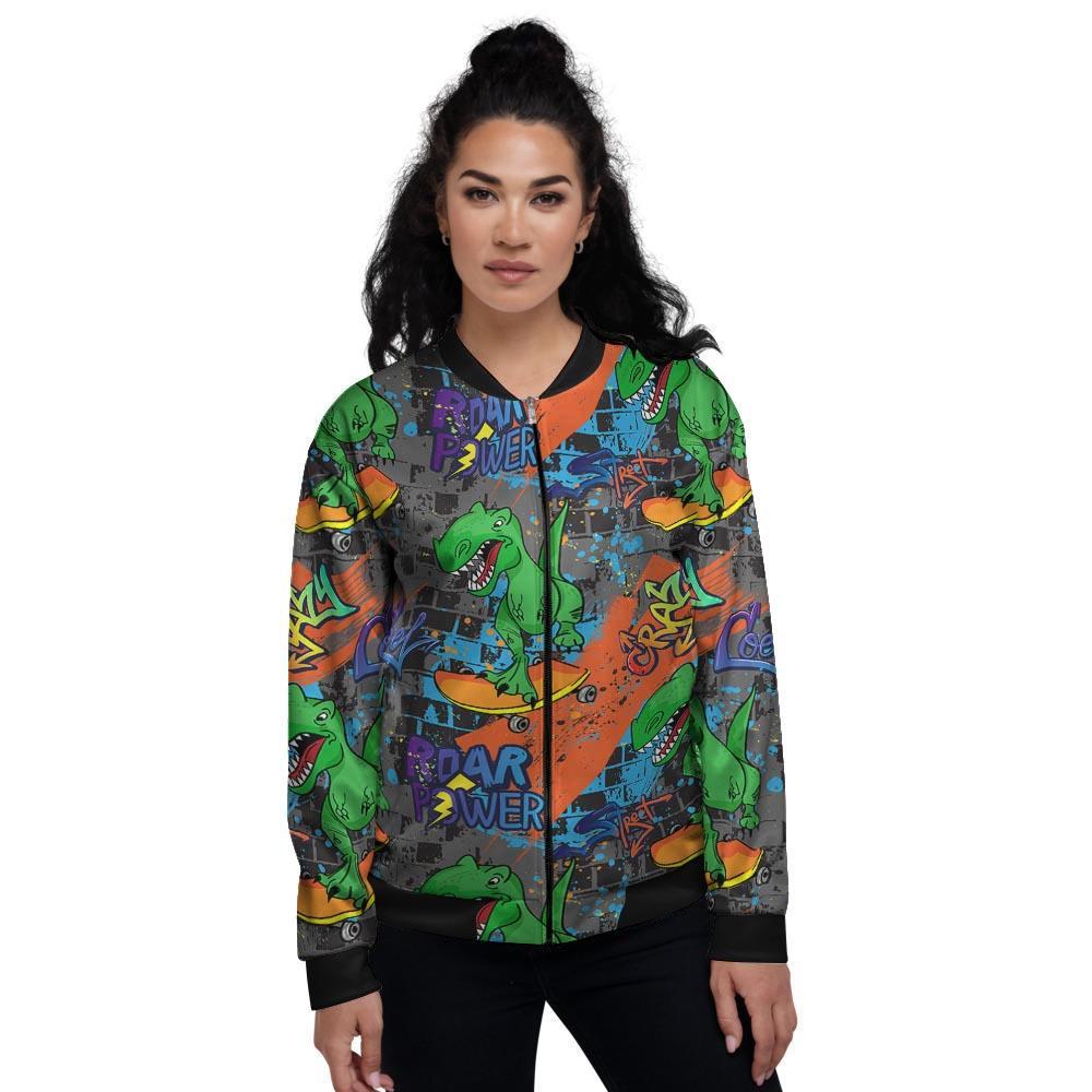 Dinosaur T-rex Graffiti Print Women's Bomber Jacket-grizzshop