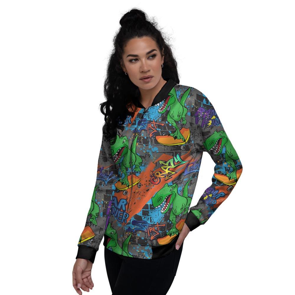 Dinosaur T-rex Graffiti Print Women's Bomber Jacket-grizzshop