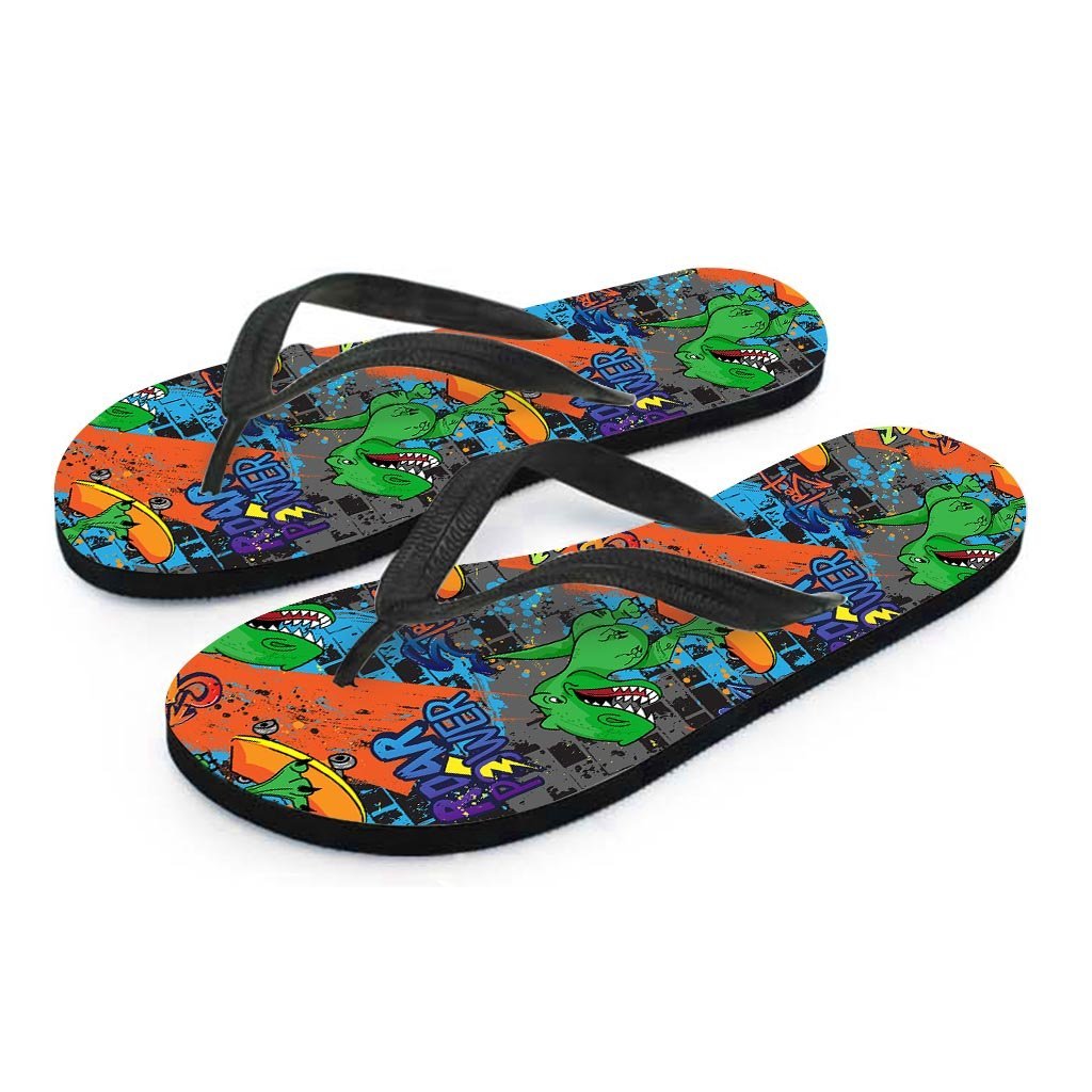 Dinosaur T-rex Graffiti Print Women's Flip Flops-grizzshop