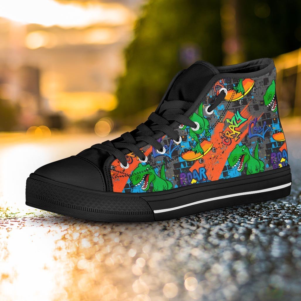 Dinosaur T-rex Graffiti Print Women's High Top Shoes-grizzshop