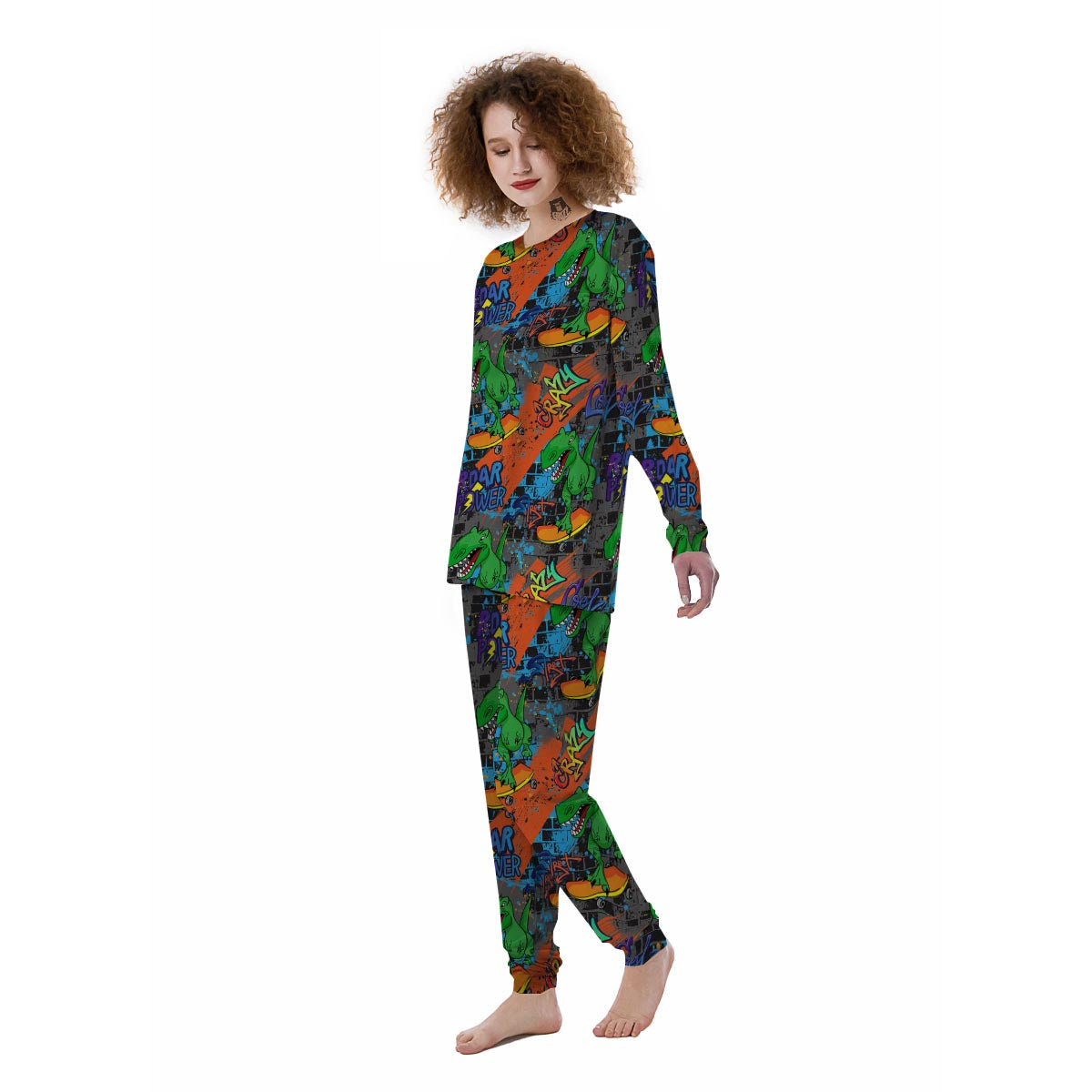 Dinosaur T-rex Graffiti Print Women's Pajamas-grizzshop