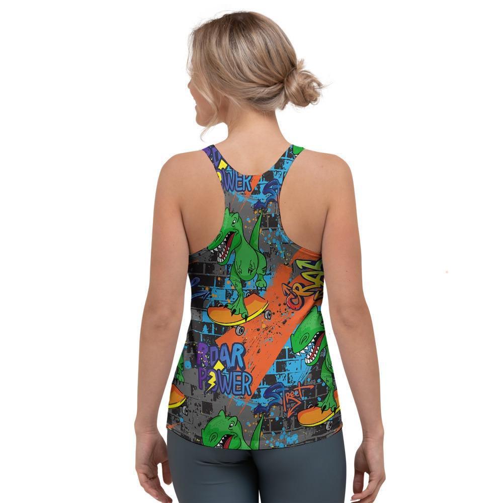 Dinosaur T-rex Graffiti Print Women's Racerback Tank Top-grizzshop