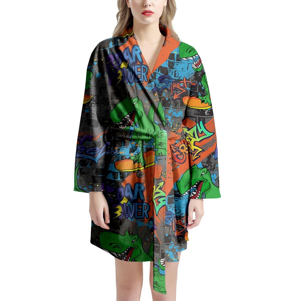 Dinosaur T-rex Graffiti Print Women's Robe-grizzshop