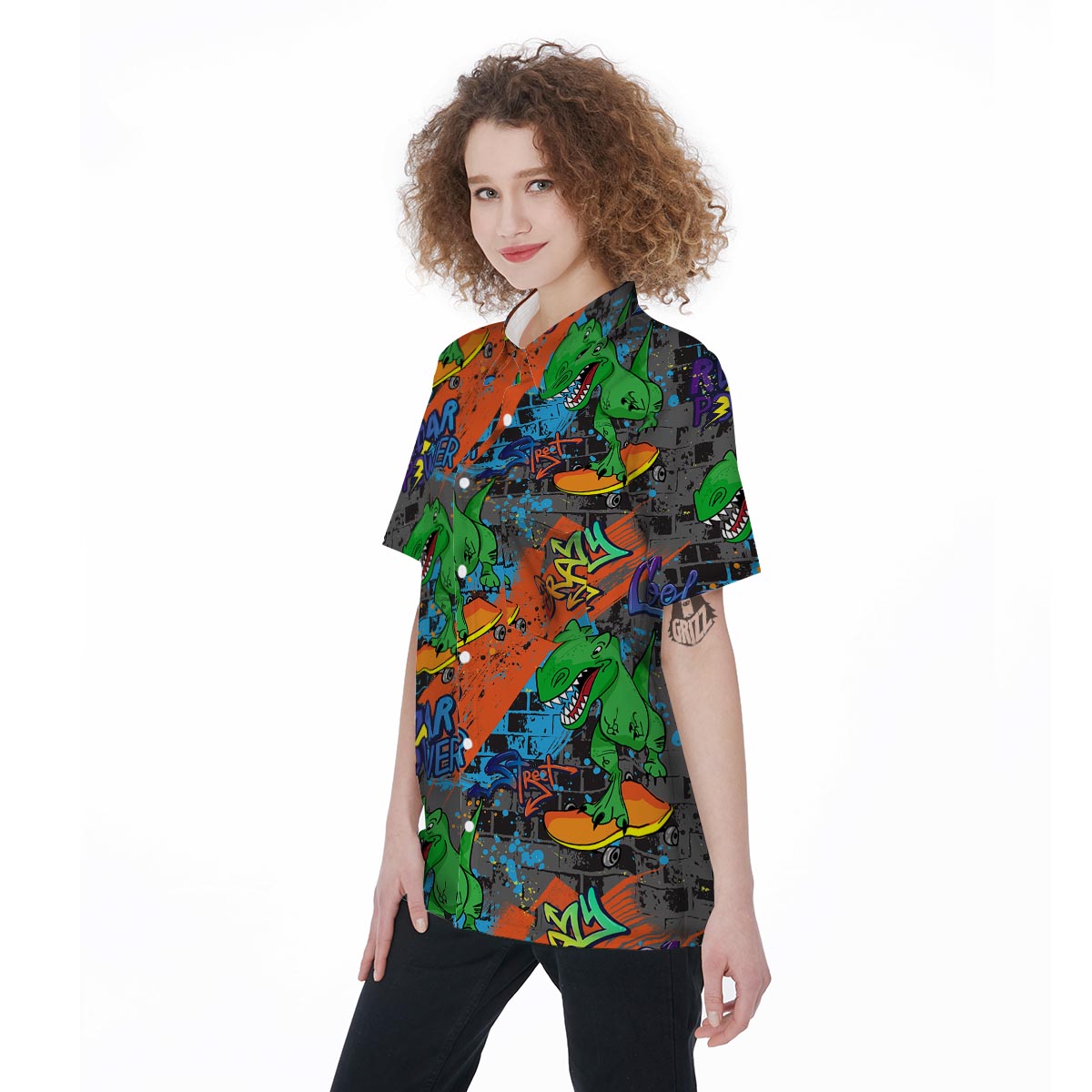 Dinosaur T-rex Graffiti Print Women's Short Sleeve Shirts-grizzshop