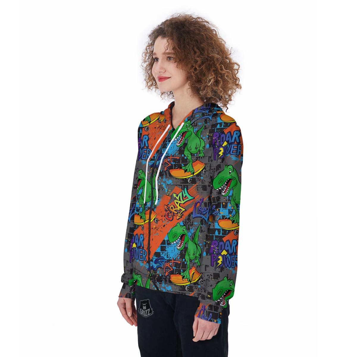 Dinosaur T-rex Graffiti Print Women's Zip Up Hoodie-grizzshop