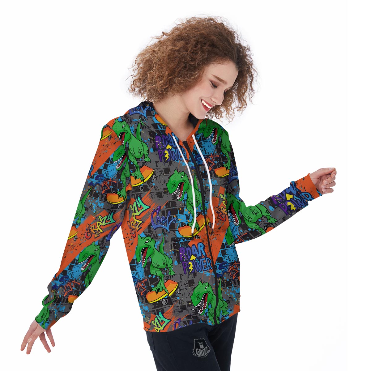 Dinosaur T-rex Graffiti Print Women's Zip Up Hoodie-grizzshop