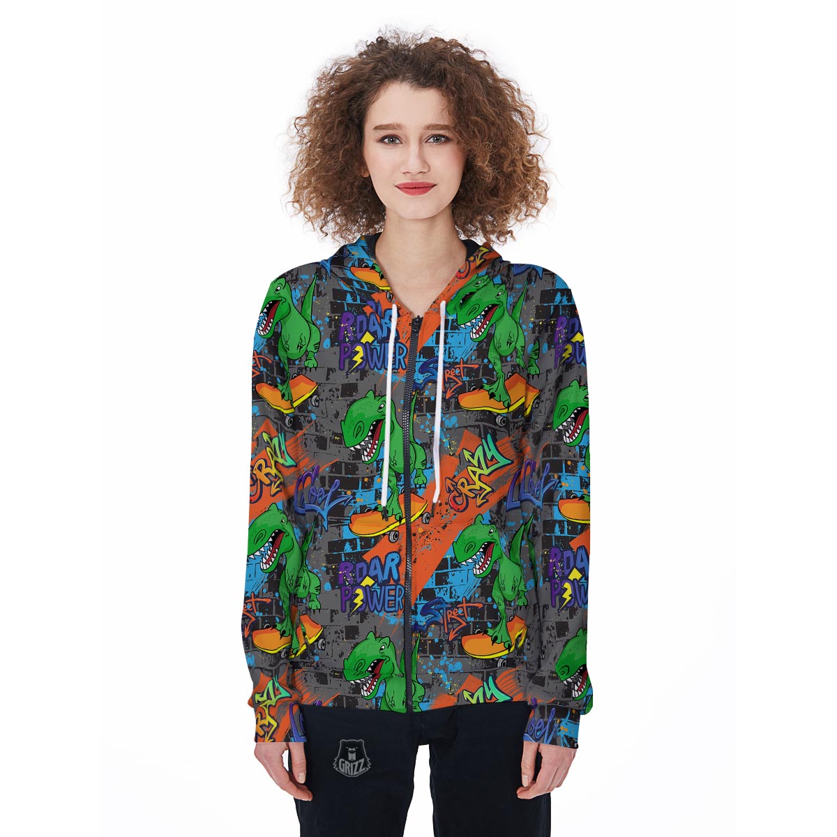 Dinosaur T-rex Graffiti Print Women's Zip Up Hoodie-grizzshop