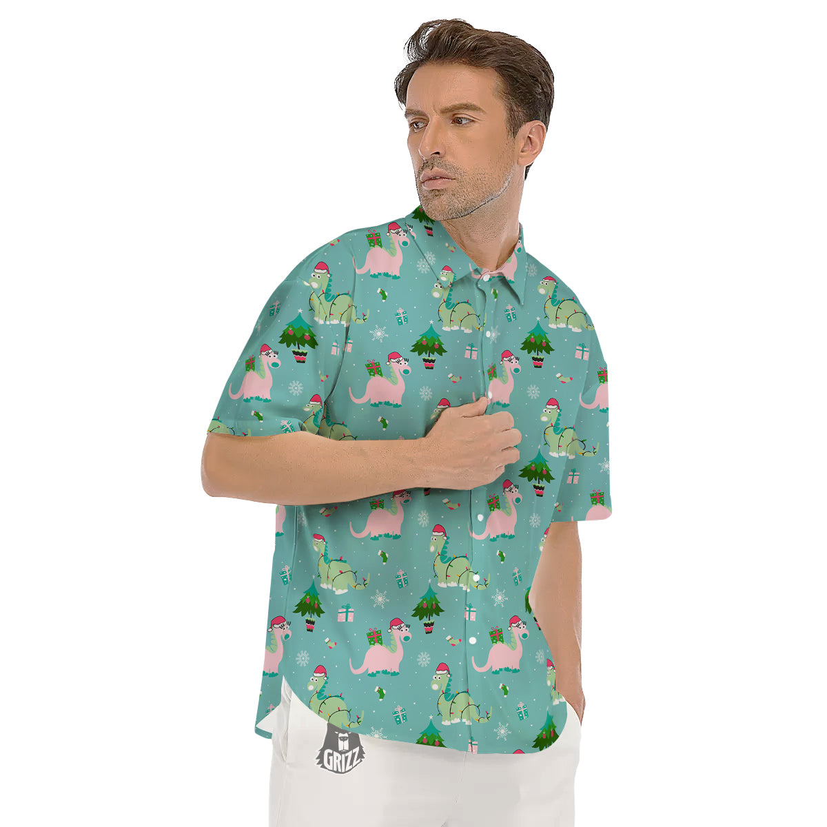 Dinosaur Xmas Print Pattern Men's Short Sleeve Shirts-grizzshop