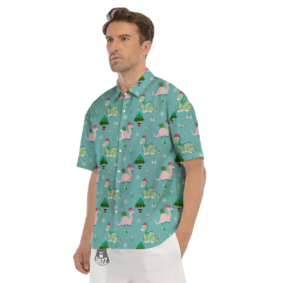 Dinosaur Xmas Print Pattern Men's Short Sleeve Shirts-grizzshop